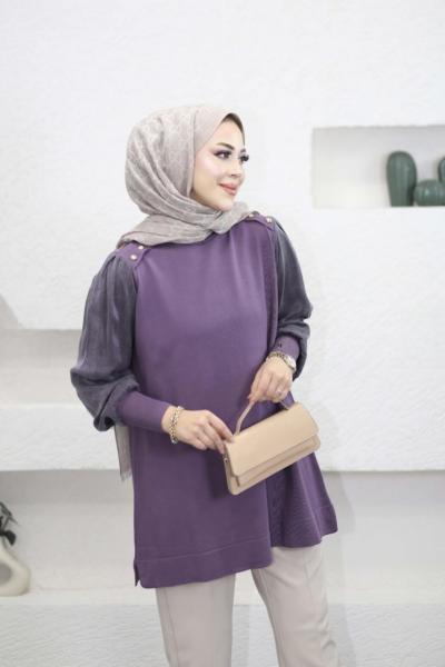 Düğme Detaylı Kupra Tunik  Lila