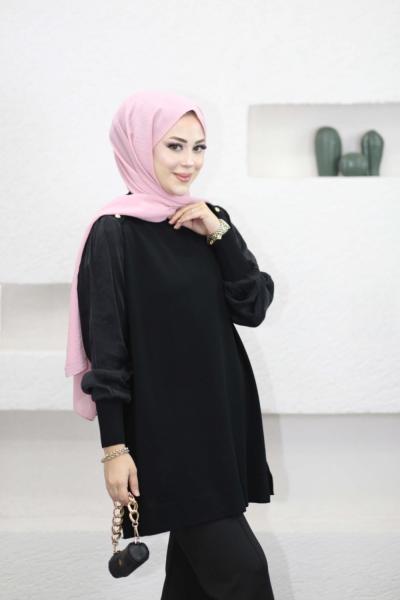 Düğme Detaylı Kupra Tunik  Siyah