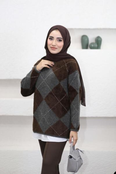 Balıkçı Yaka Baklava Kazak Kahverengi