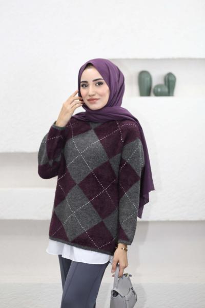 Balıkçı Yaka Baklava Kazak Mor