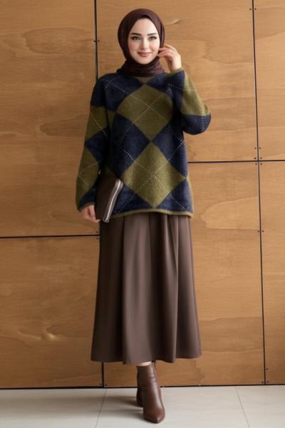 Balıkçı Yaka Baklava Kazak Yağ Yeşili