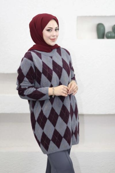 Simli Baklava Desen Kazak Gri