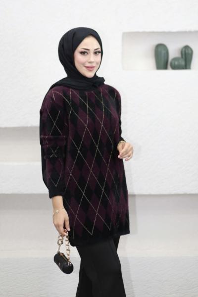 Simli Baklava Desen Kazak Mürdüm