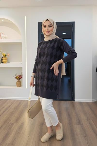 Baklava Desen Simli Triko  Gri