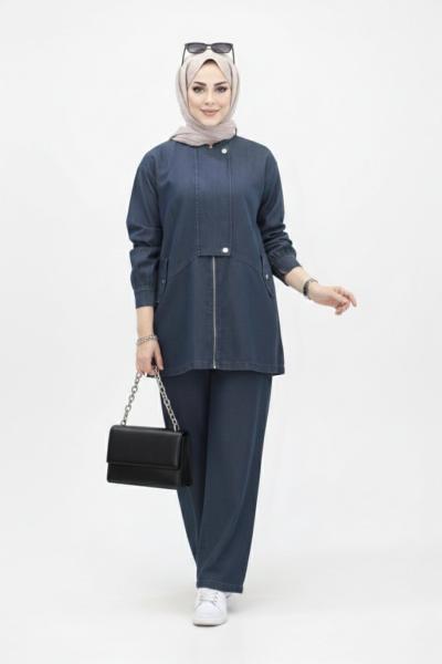 Fermuar Detaylı Denim Takım  Petrol Mavisi