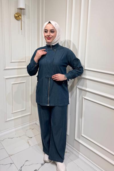 Fermuar Detaylı Denim Takım  Petrol Mavisi