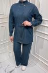 Fermuar Detaylı Denim Takım  Petrol Mavisi