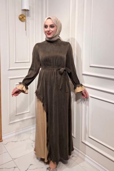 Dantel Detaylı İpek Kupra Elbise  Kahverengi