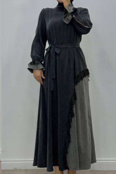 Dantel Detaylı İpek Kupra Elbise  Siyah