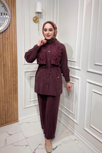 Güpür Detaylı Takım  Bordo