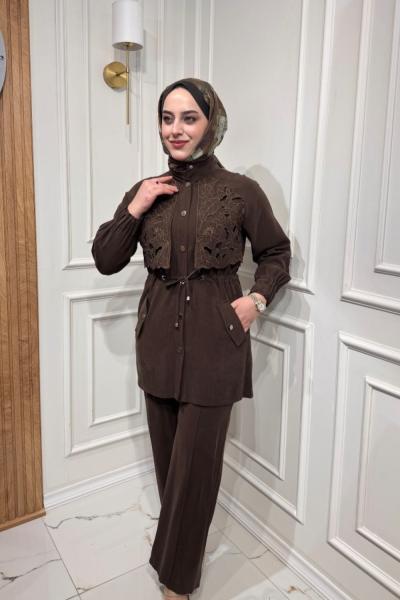 Güpür Detaylı Takım  Kahverengi