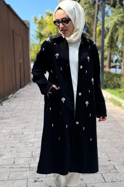 Taşlı Trençkot Siyah Siyah