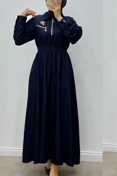 Broşlu Kot Elbise Lacivert