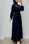 Broşlu Kot Elbise Lacivert