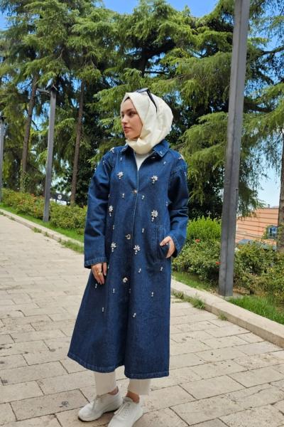 Taşlı Trençkot Siyah Mavi