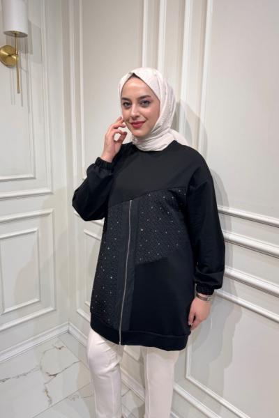 Fermuar Detaylı Tunik  Siyah