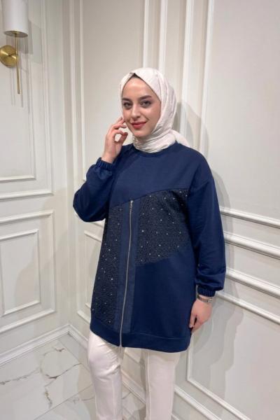 Fermuar Detaylı Tunik  Lacivert