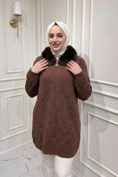 Yakası Kürklü Uzun Hırka  Kahverengi