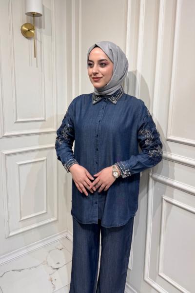 Taş Detaylı Tasarım Gömlek  Mavi