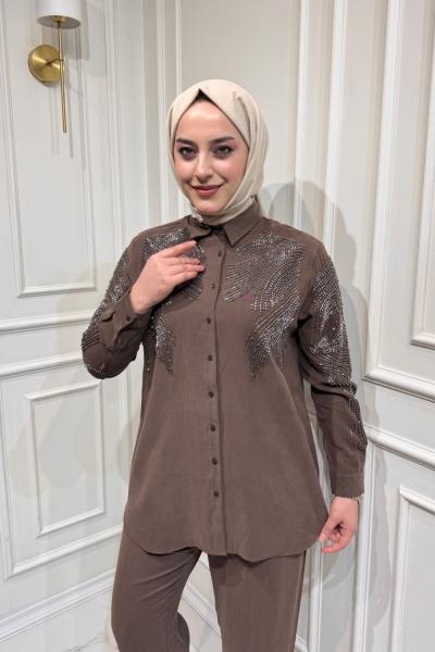 İşlemeli Modal Gömlek  Kahverengi