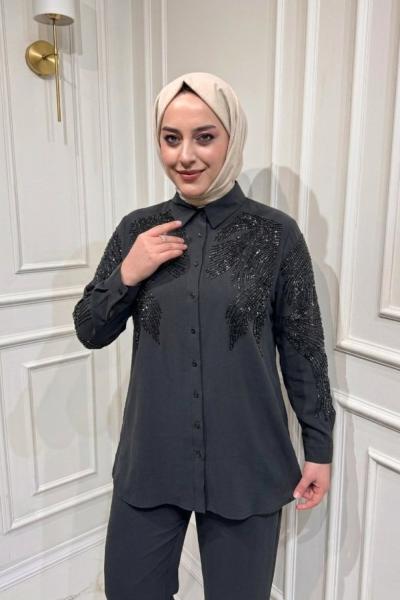 İşlemeli Modal Gömlek  Siyah