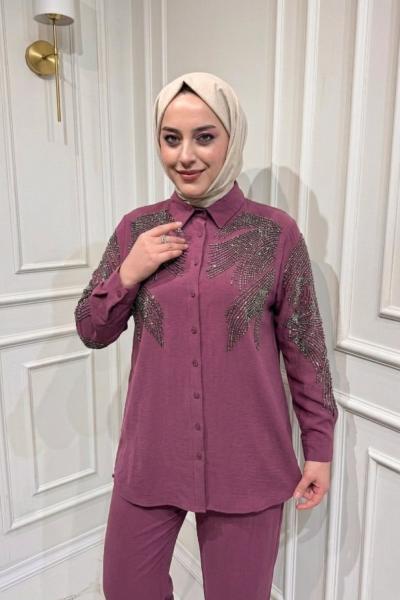 İşlemeli Modal Gömlek  Mürdüm