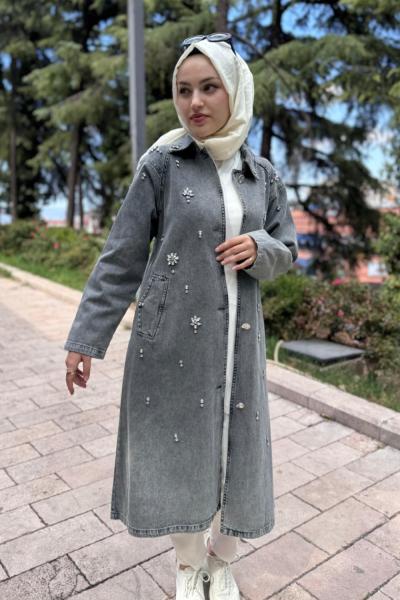 Taşlı Trençkot Siyah Antrasit