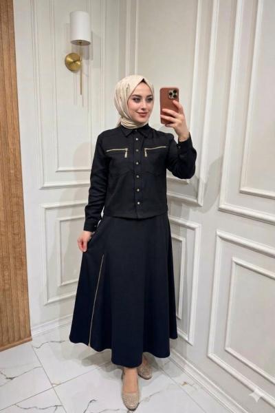 Fermuar Detaylı Etekli Takım  Siyah