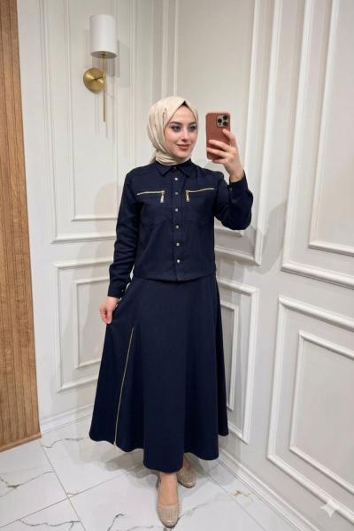 Fermuar Detaylı Etekli Takım  Lacivert