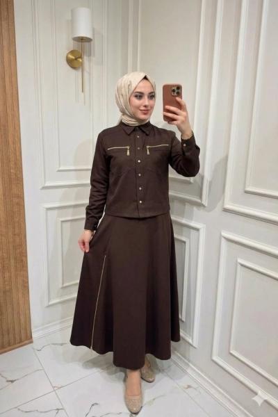 Fermuar Detaylı Etekli Takım  Kahverengi