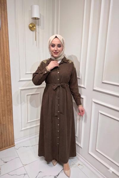 Omzu Nakışlı Elbise Kahverengi