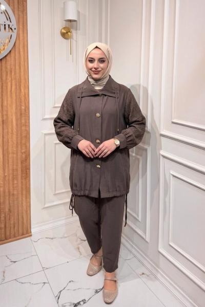 Düğme Detaylı Takım  Kahverengi