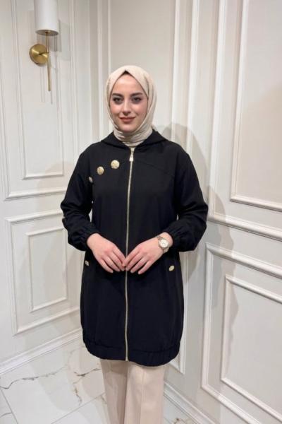 Düğme Detaylı Kap Siyah