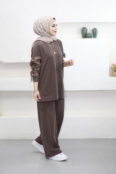 Yaka Büzgülü Takım  Kahverengi