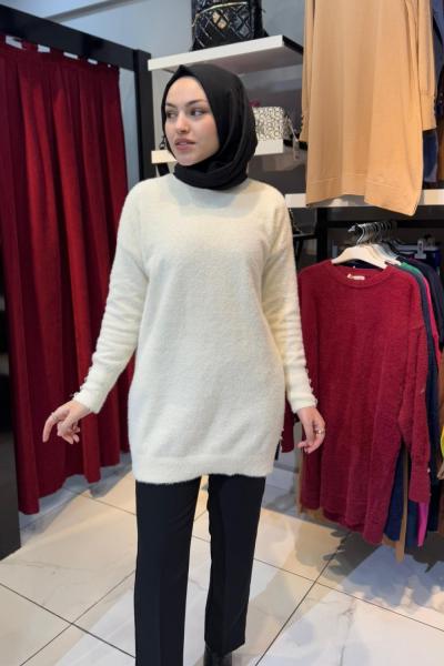 Kolu Düğmeli Angora Tunik  Ekru