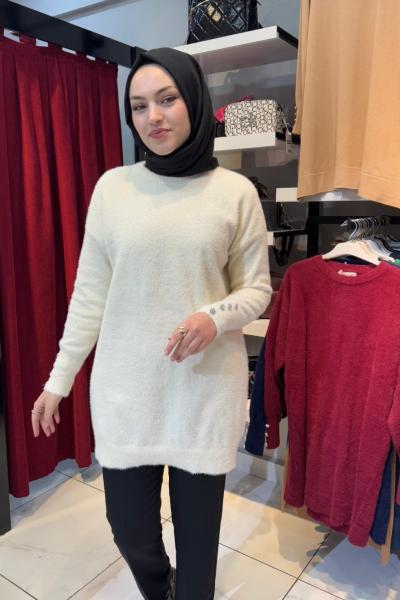 Kolu Düğmeli Angora Tunik  Bordo