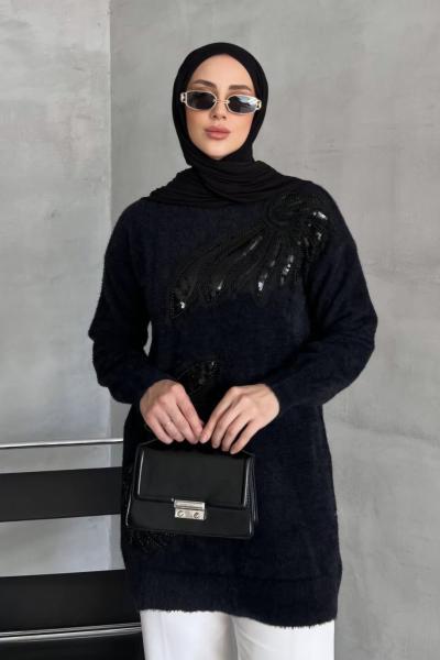 Önü Taşlı Angora Tunik  Siyah