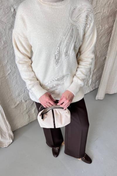 Önü Taşlı Angora Tunik  Ekru