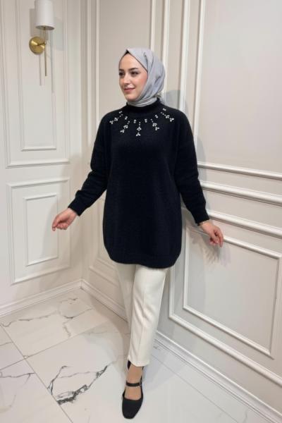 Angora Taşlı Kazak  Siyah