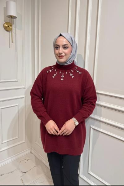 Angora Taşlı Kazak  Bordo