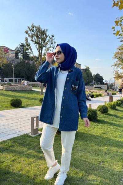 Arılı Kot Ceket Mavi