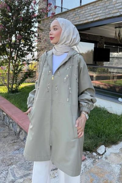 Astarlı Boncuk İşlemeli Kap Haki