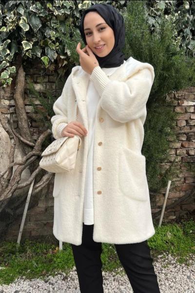 Gold Düğmeli Angora Kaban Ekru