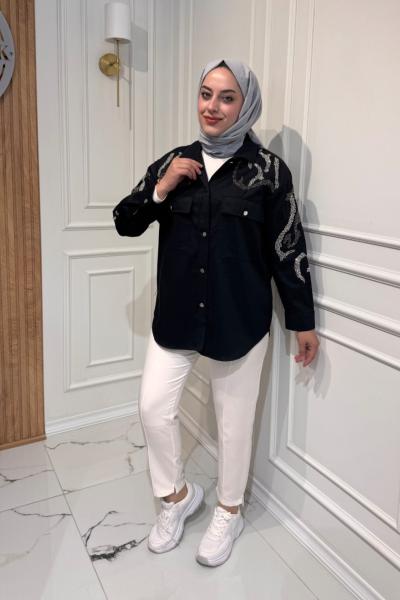 İşlemeli Tensel Ceket Siyah