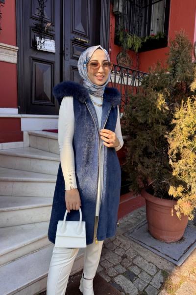 Kürklü Angora Yelek Lacivert
