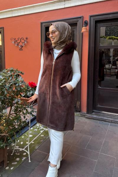 Kürklü Angora Yelek Kahverengi