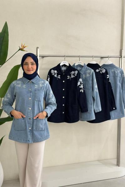 Nakışlı Kot Ceket  Açık Mavi