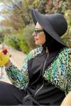 Renkli Leopar İşlemeli Haşema  Siyah