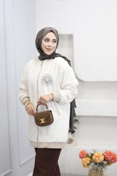 Taşlı Bomber Kaban Ekru