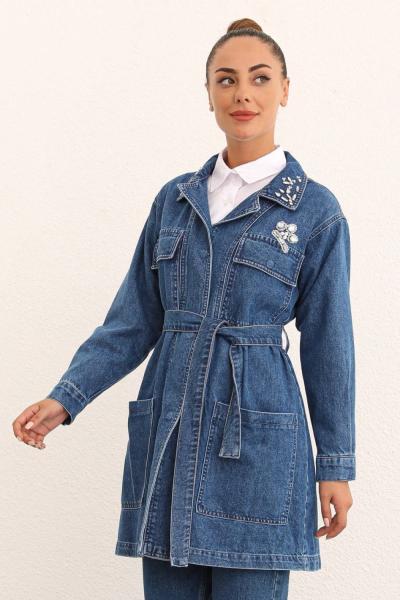 Yakası Taşlı Kot Ceket  Mavi